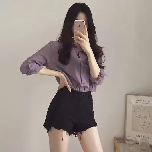 2024 Collarbone Korean Design Sensibility Petite Gentle Style Purple Chiffon Anti-sunshine Shirt For Women