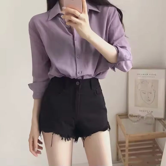 2024 Collarbone Korean Design Sensibility Petite Gentle Style Purple Chiffon Anti-sunshine Shirt For Women