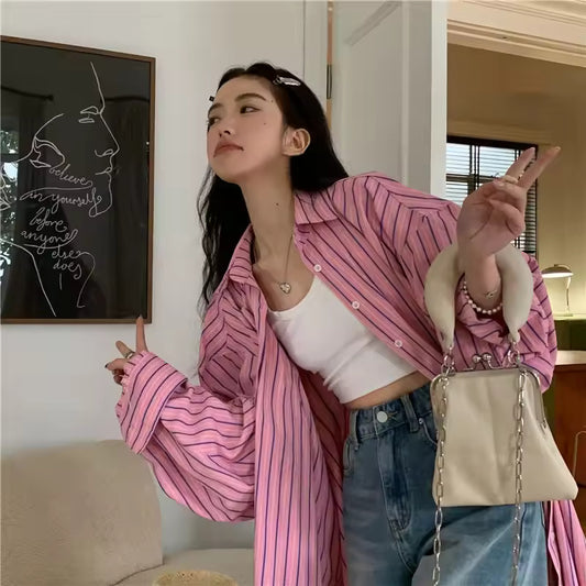 Hong Kong Style Striped Loose Lightweight Women's Shirt Spring Summer New Design Sensation Sun Protection Open Cardigan Top