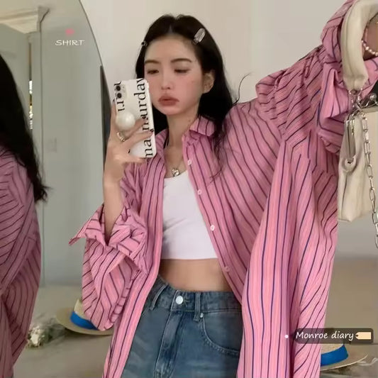 Hong Kong Style Striped Loose Lightweight Women's Shirt Spring Summer New Design Sensation Sun Protection Open Cardigan Top