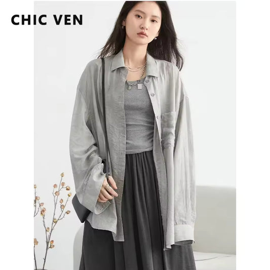 CHIC VEN Women Shirt Loose Casual Textured Tie Dye Collar with Split Long Sleeved Blouses Sun Protection Ladies Coat Summer 2024
